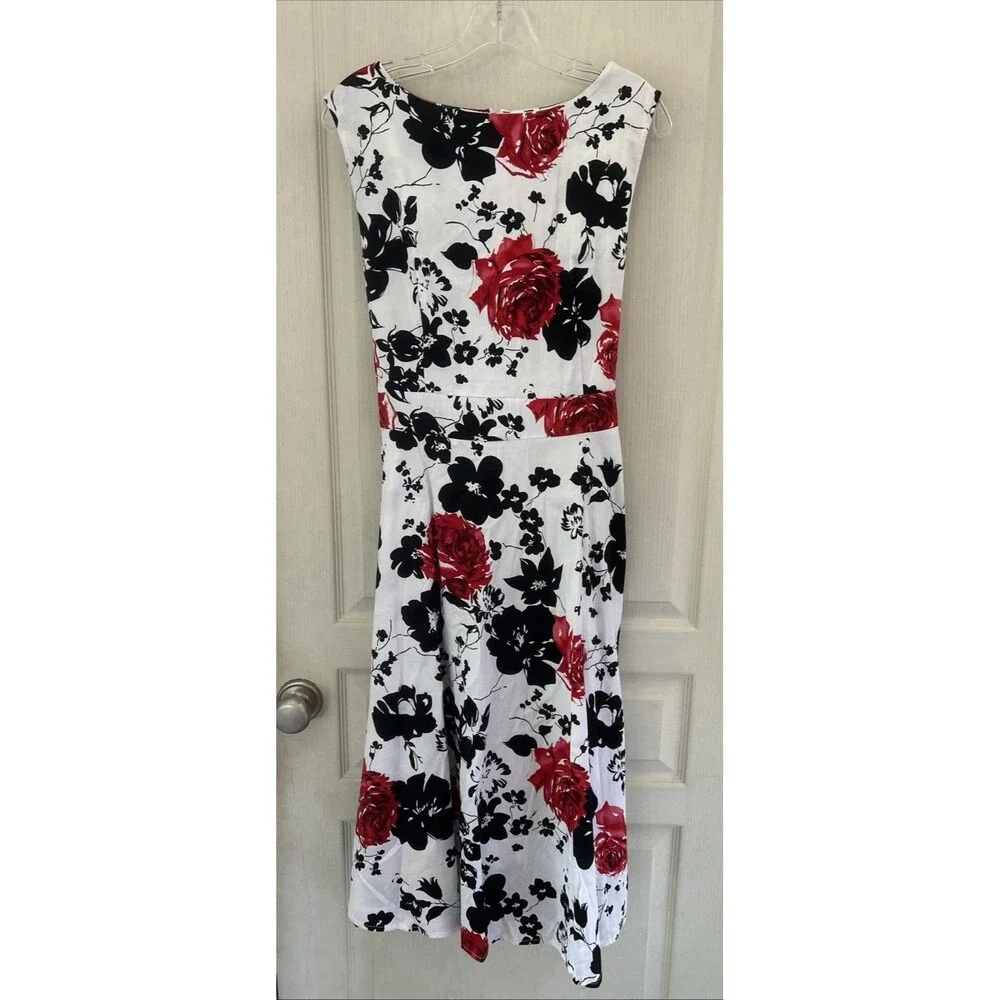 New Light Retro Floral A-Line Midi Dress White Red Black Rose Print Fit Flare XL
